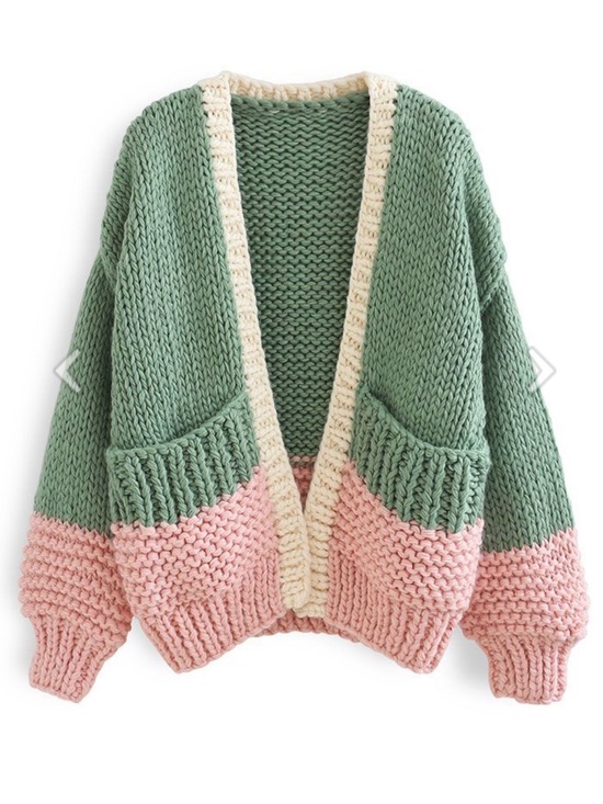 Chicwish Sweaters - Chicwish Sage Green & Pink Chunky Knit Open Cardigan with Cream Trim